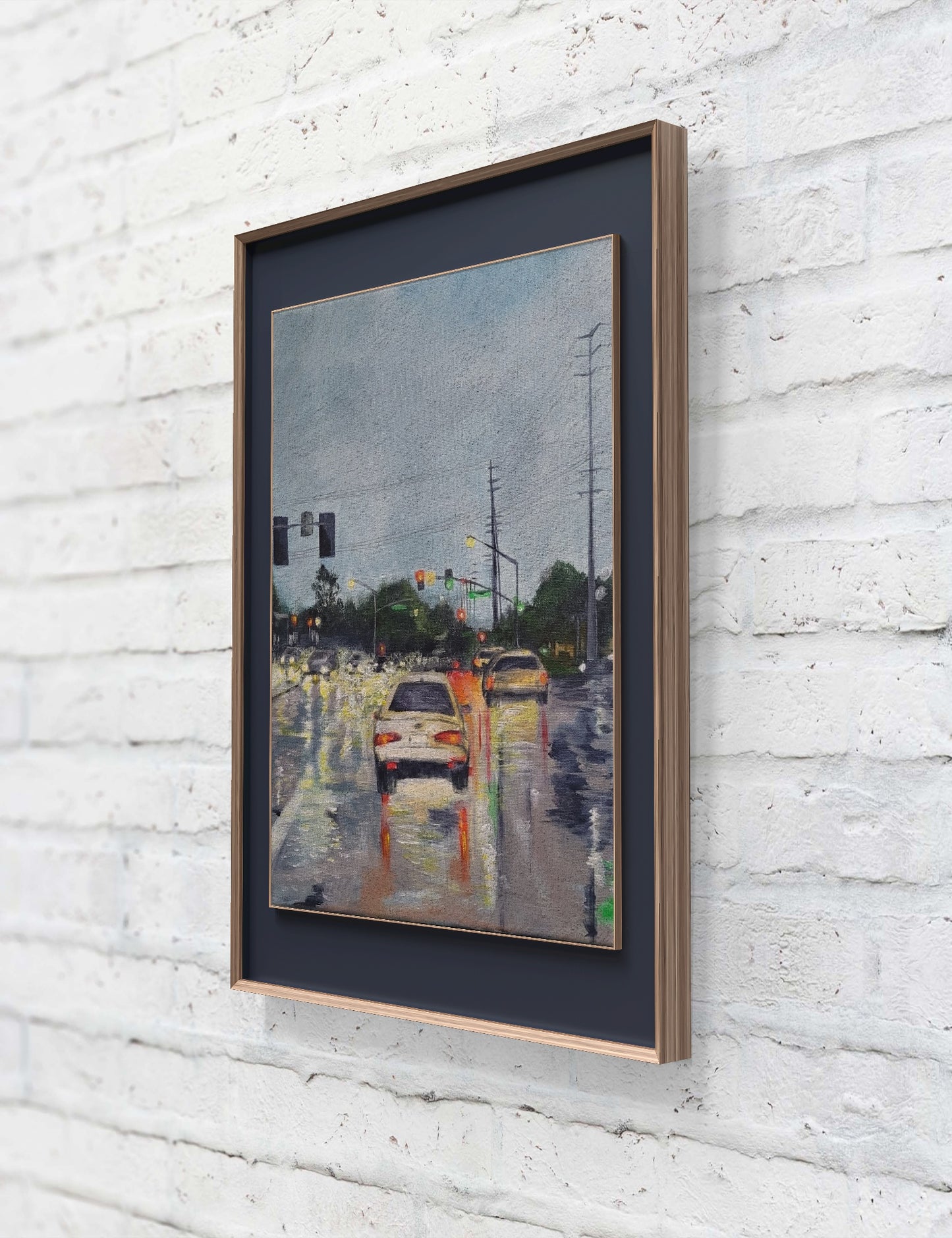 Stop lights in rain, 11x14 Original Acrylic on canvas