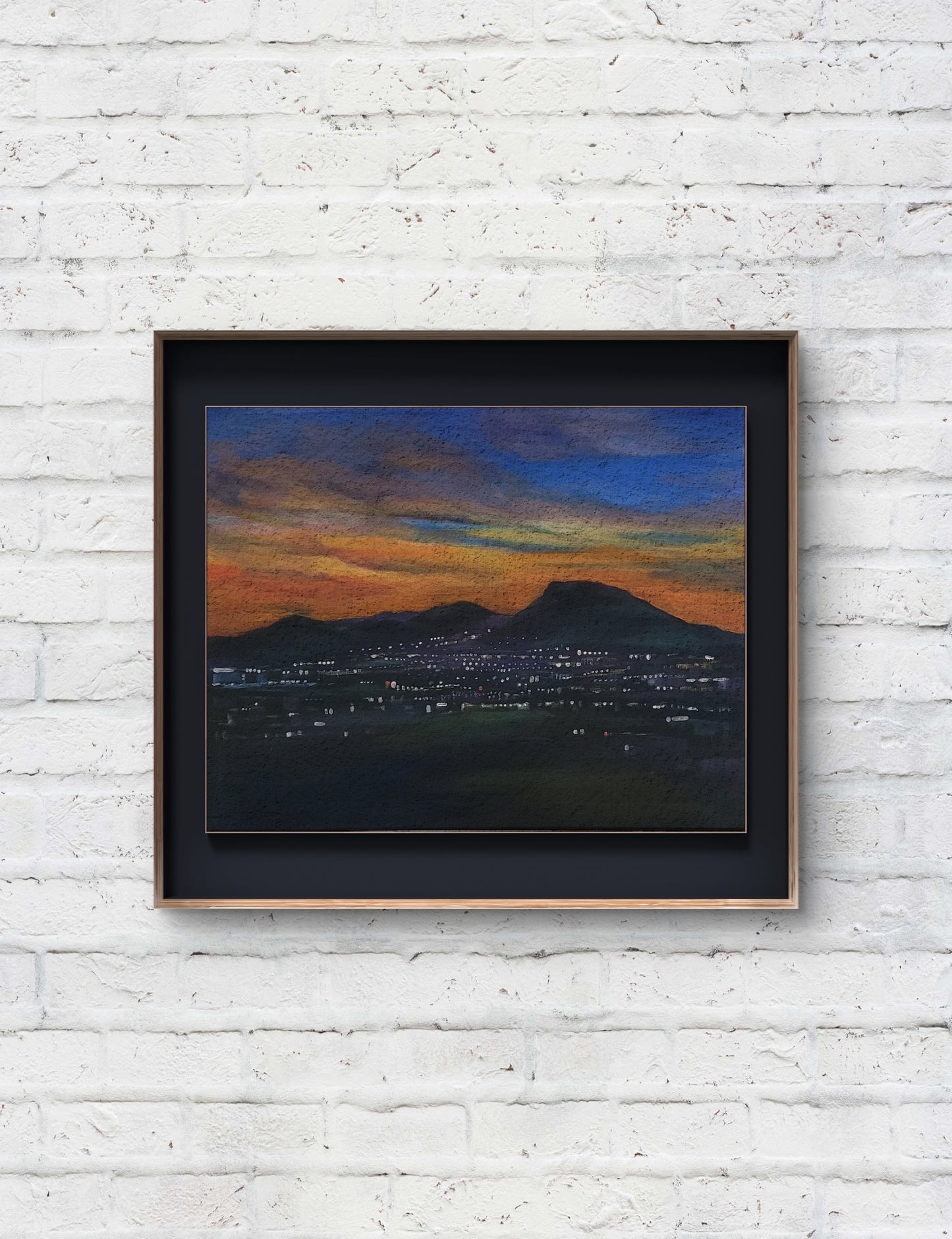 Coming Home: View of town lights at night, 20x16 Original Acrylic on canvas