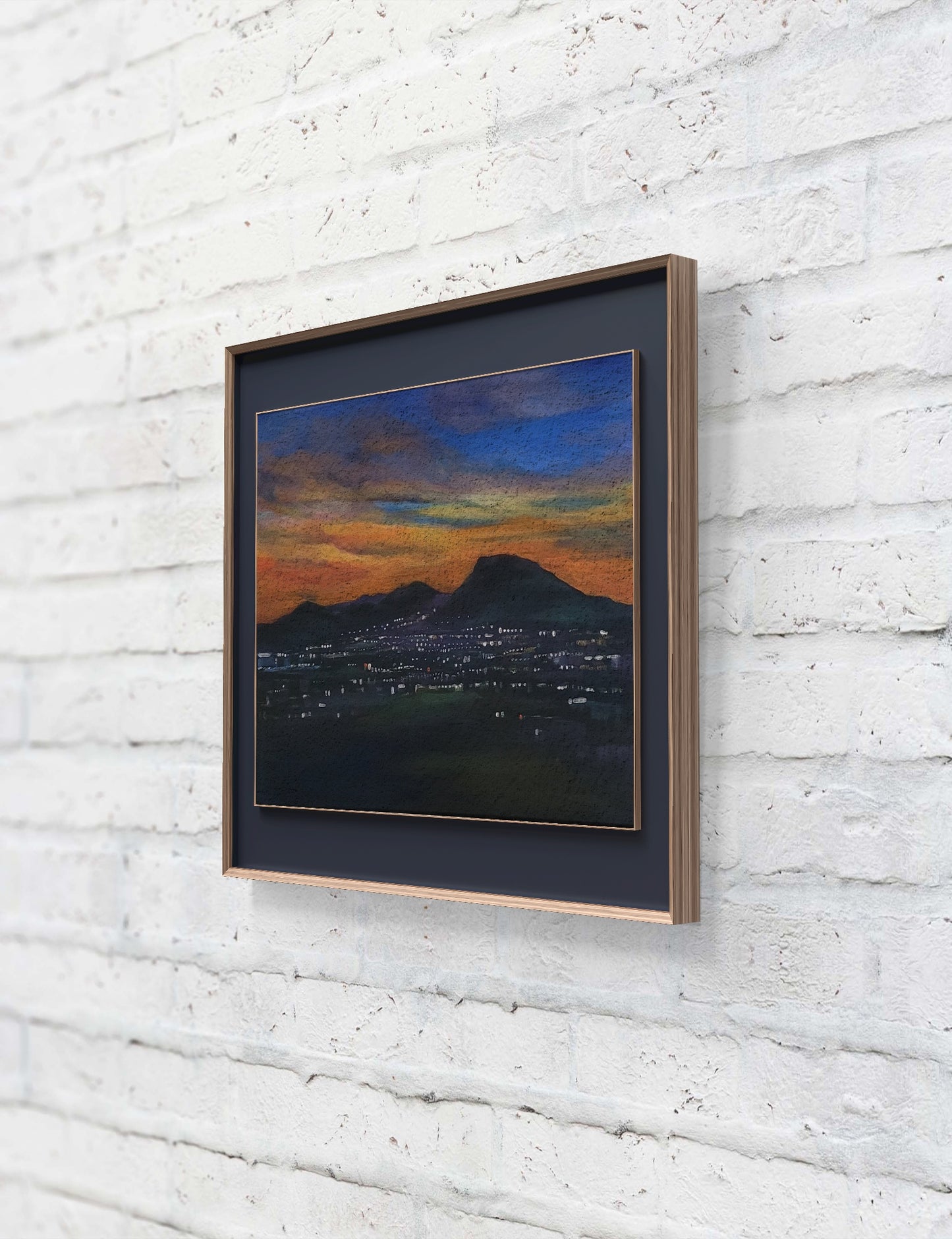Coming Home: View of town lights at night, 20x16 Original Acrylic on canvas