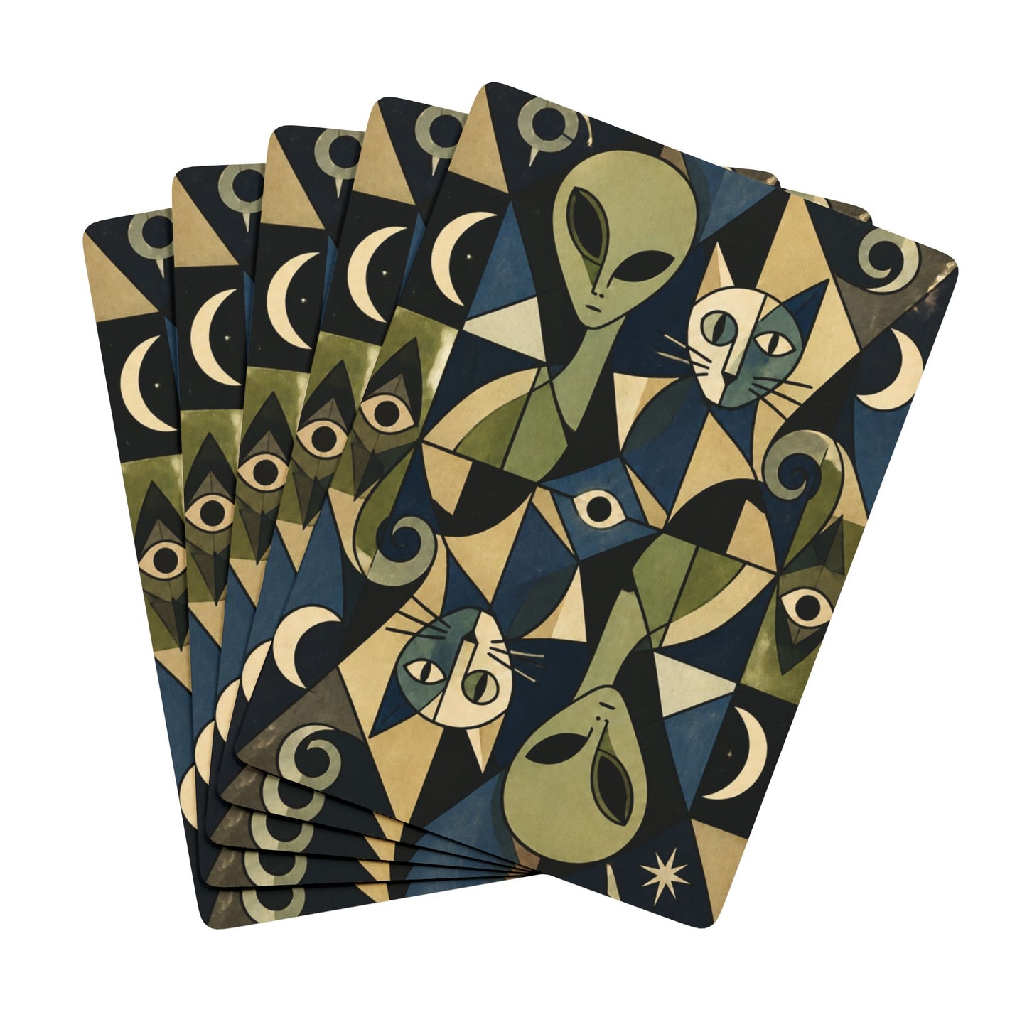 Picasso Inspired Cubic Cosmic Alien and Cat, Poker Playing Cards — Decorative Cat and Alien-Themed Card Deck for Game Nights & Gifts