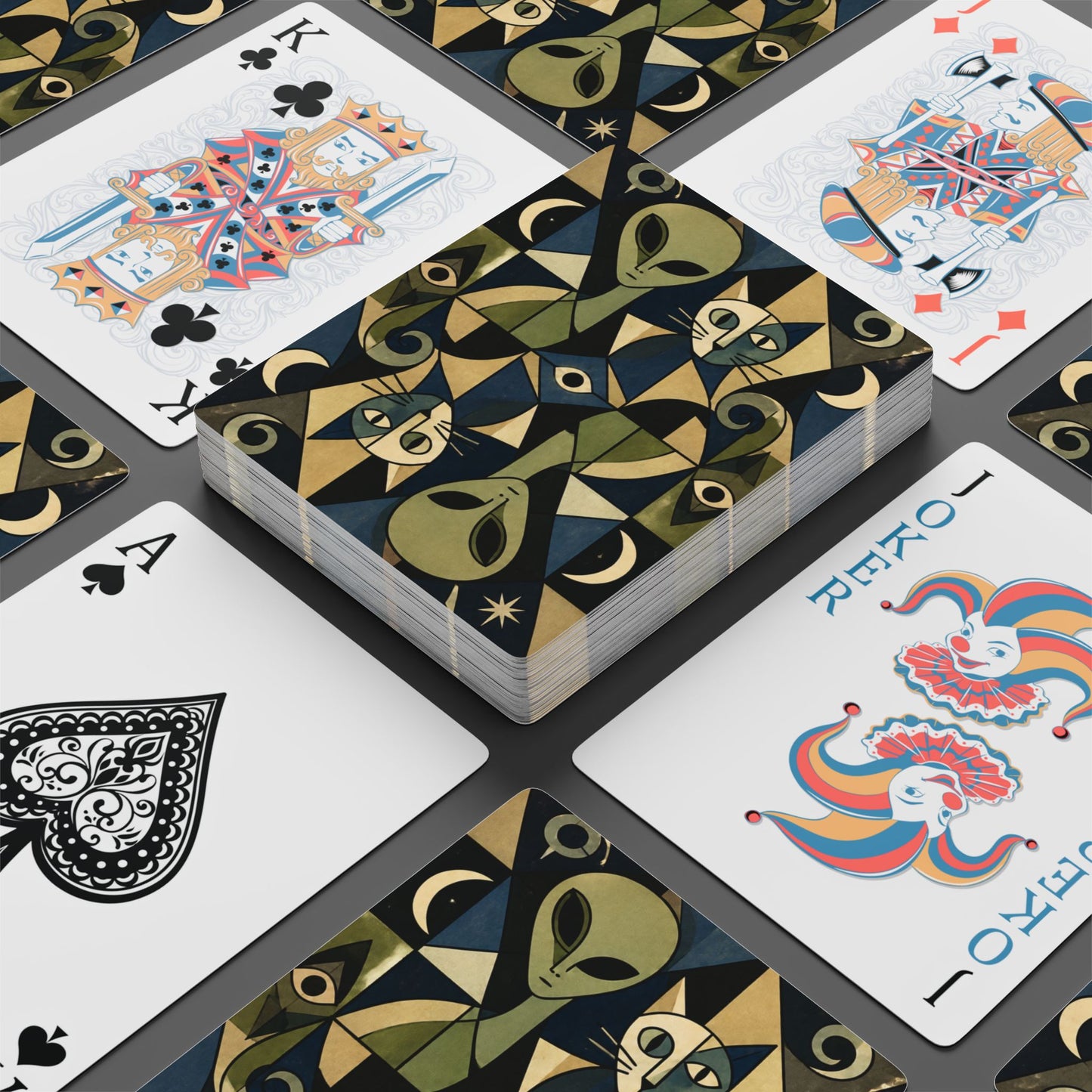 Picasso Inspired Cubic Cosmic Alien and Cat, Poker Playing Cards — Decorative Cat and Alien-Themed Card Deck for Game Nights & Gifts