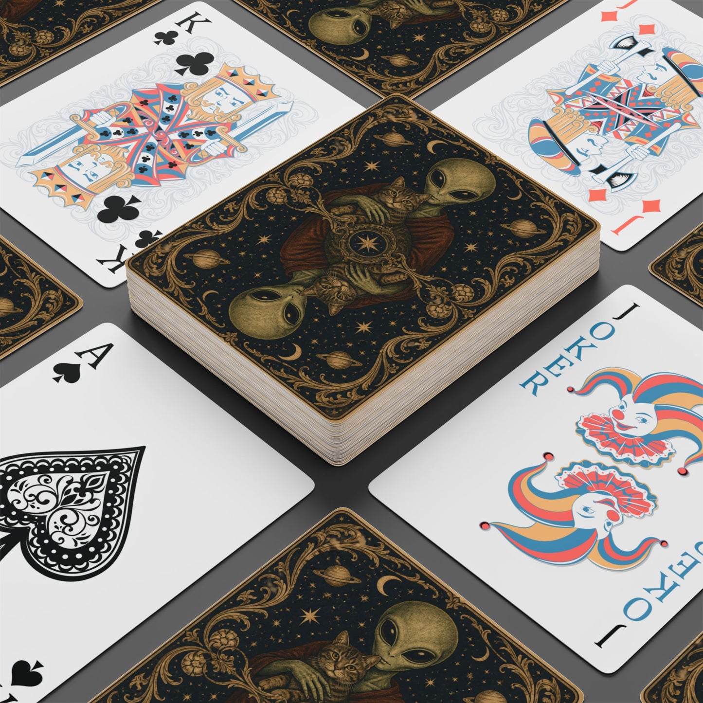 Mona Lisa Inspired Alien and Cat, Poker Playing Cards — Decorative Cat and Alien-Themed Card Deck for Game Nights & Gifts