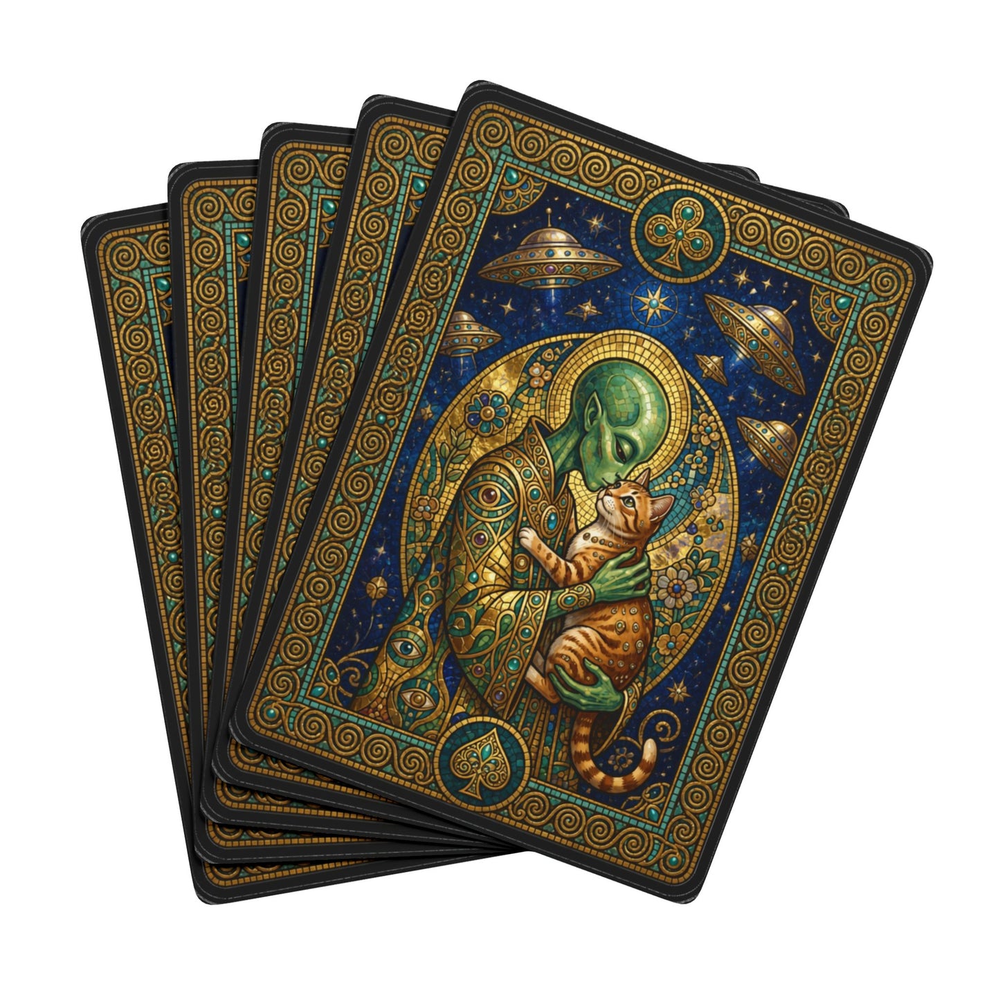 Klimt Inspired Cosmic Alien and Cat, Poker Playing Cards — Decorative Cat and Alien-Themed Card Deck for Game Nights & Gifts