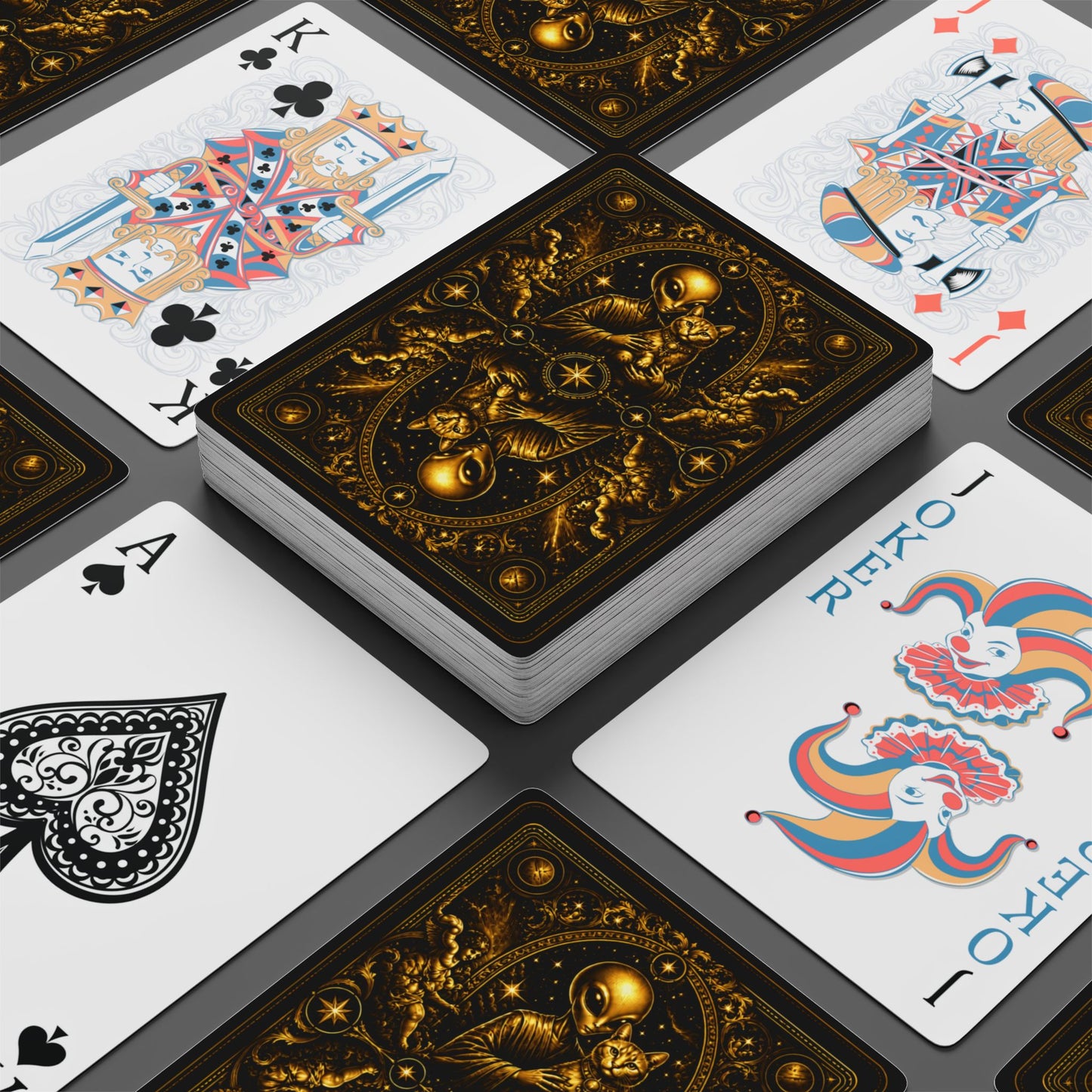Baroque Cosmic Alien and Cat, Poker Playing Cards — Decorative Cat and Alien-Themed Card Deck for Game Nights & Gifts