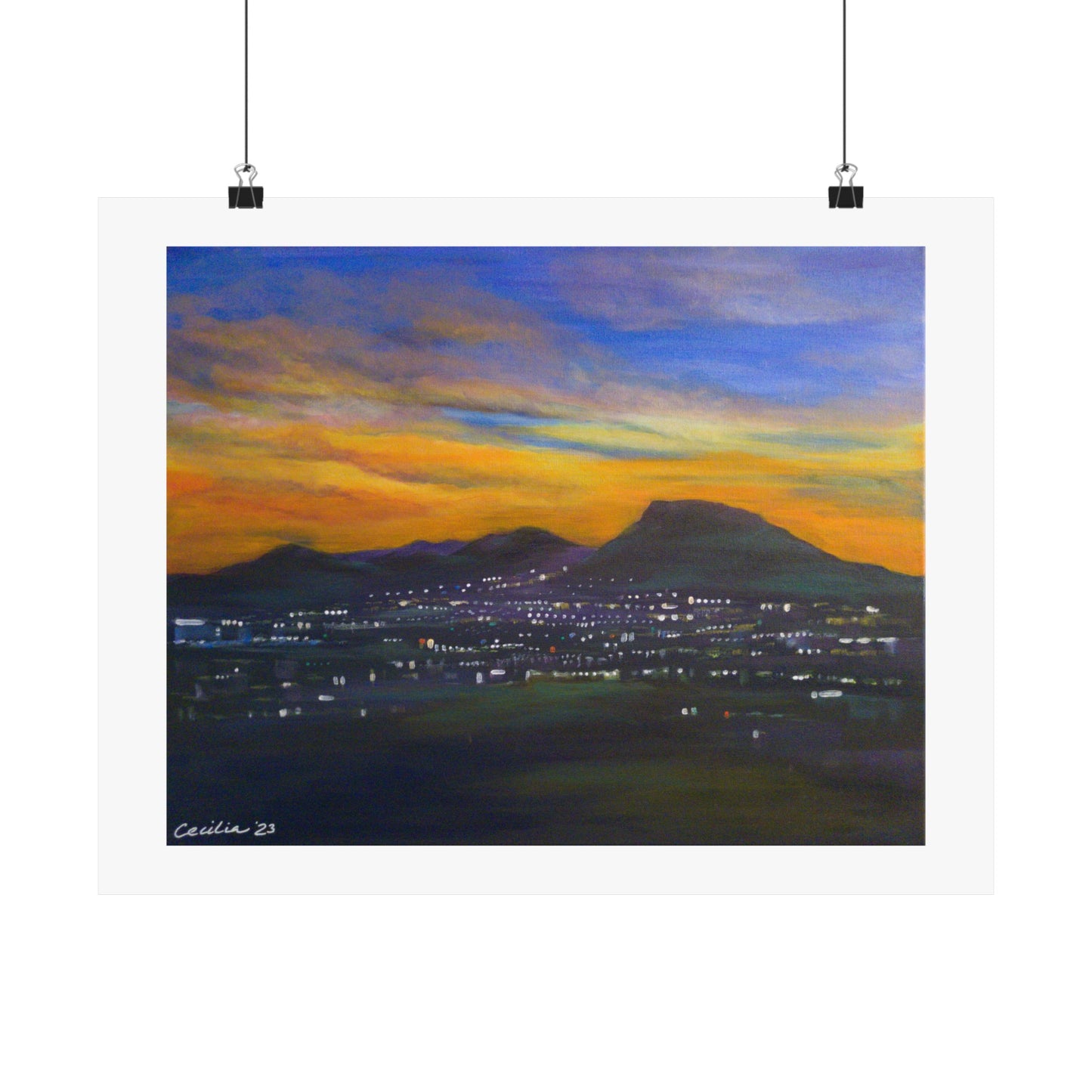 Coming Home: View of town lights at night, Acrylic on canvas, Matte Print