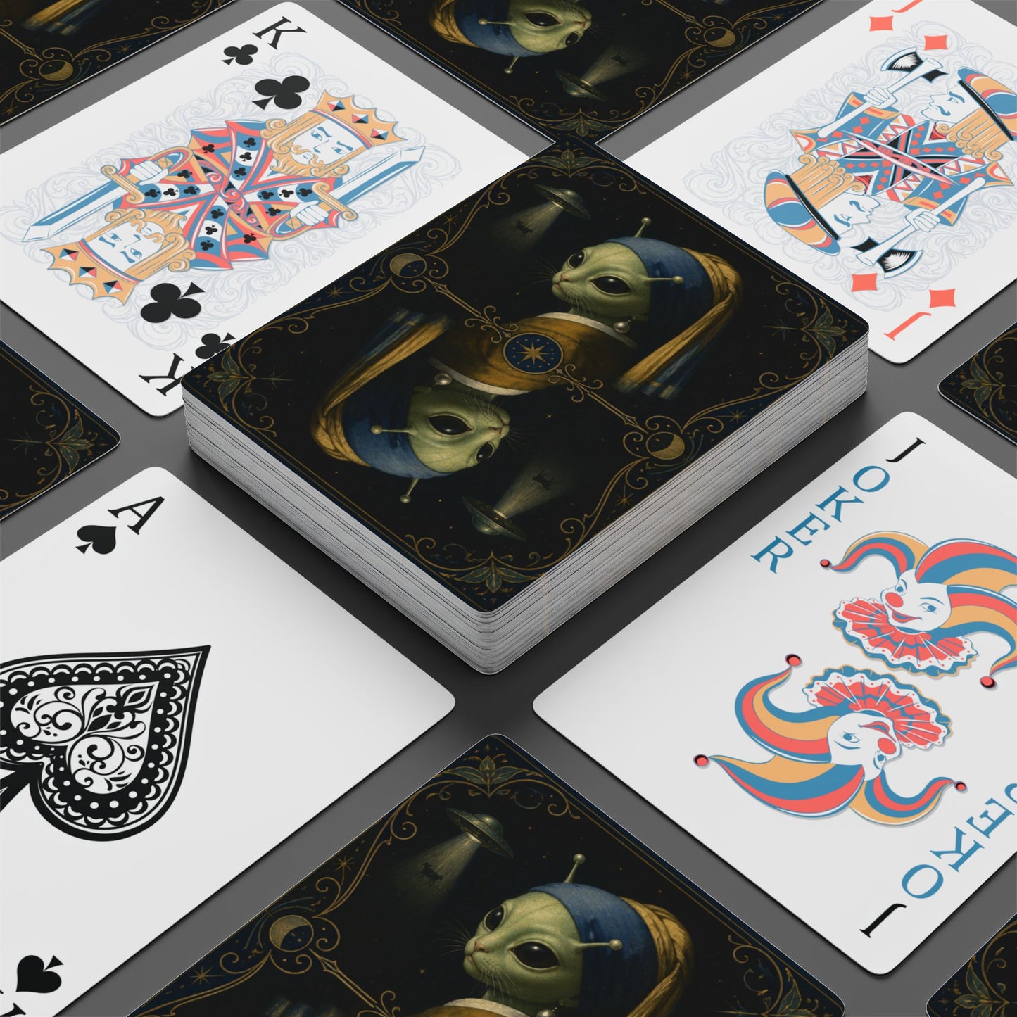 Vermeer Inspired Cosmic Alien and Cat, Poker Playing Cards — Decorative Cat and Alien-Themed Card Deck for Game Nights & Gifts