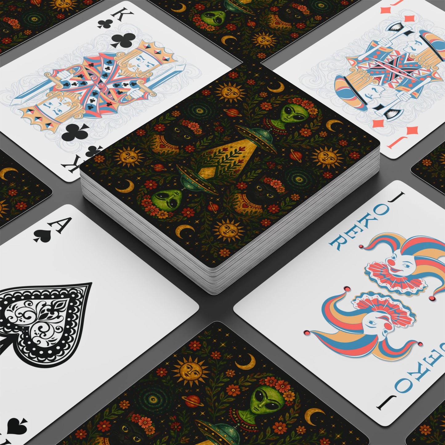 Frida Inspired Cosmic Alien and Cat, Poker Playing Cards — Decorative Cat and Alien-Themed Card Deck for Game Nights & Gifts