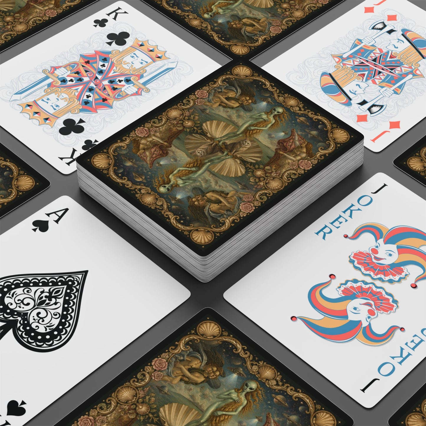 Boticelli Inspired Alien and Cat, Poker Playing Cards — Decorative Cat and Alien-Themed Card Deck for Game Nights & Gifts