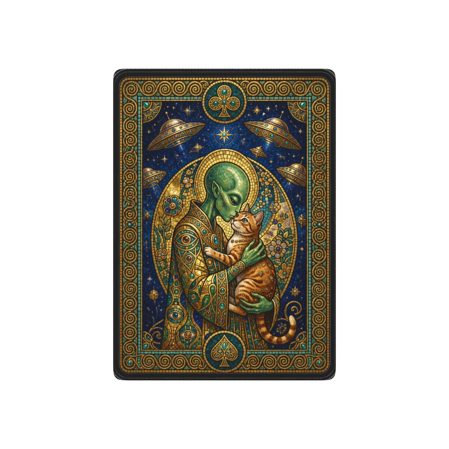 Klimt Inspired Cosmic Alien and Cat, Poker Playing Cards — Decorative Cat and Alien-Themed Card Deck for Game Nights & Gifts