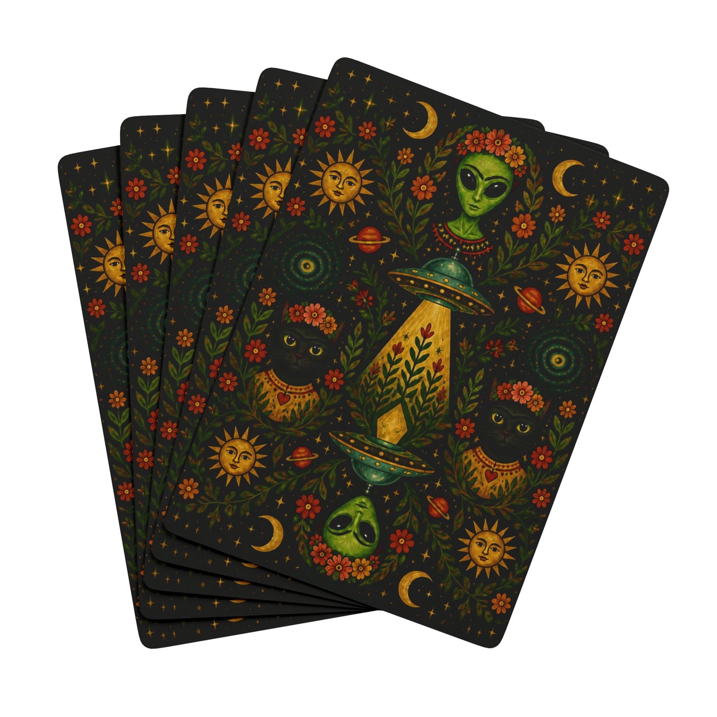 Frida Inspired Cosmic Alien and Cat, Poker Playing Cards — Decorative Cat and Alien-Themed Card Deck for Game Nights & Gifts