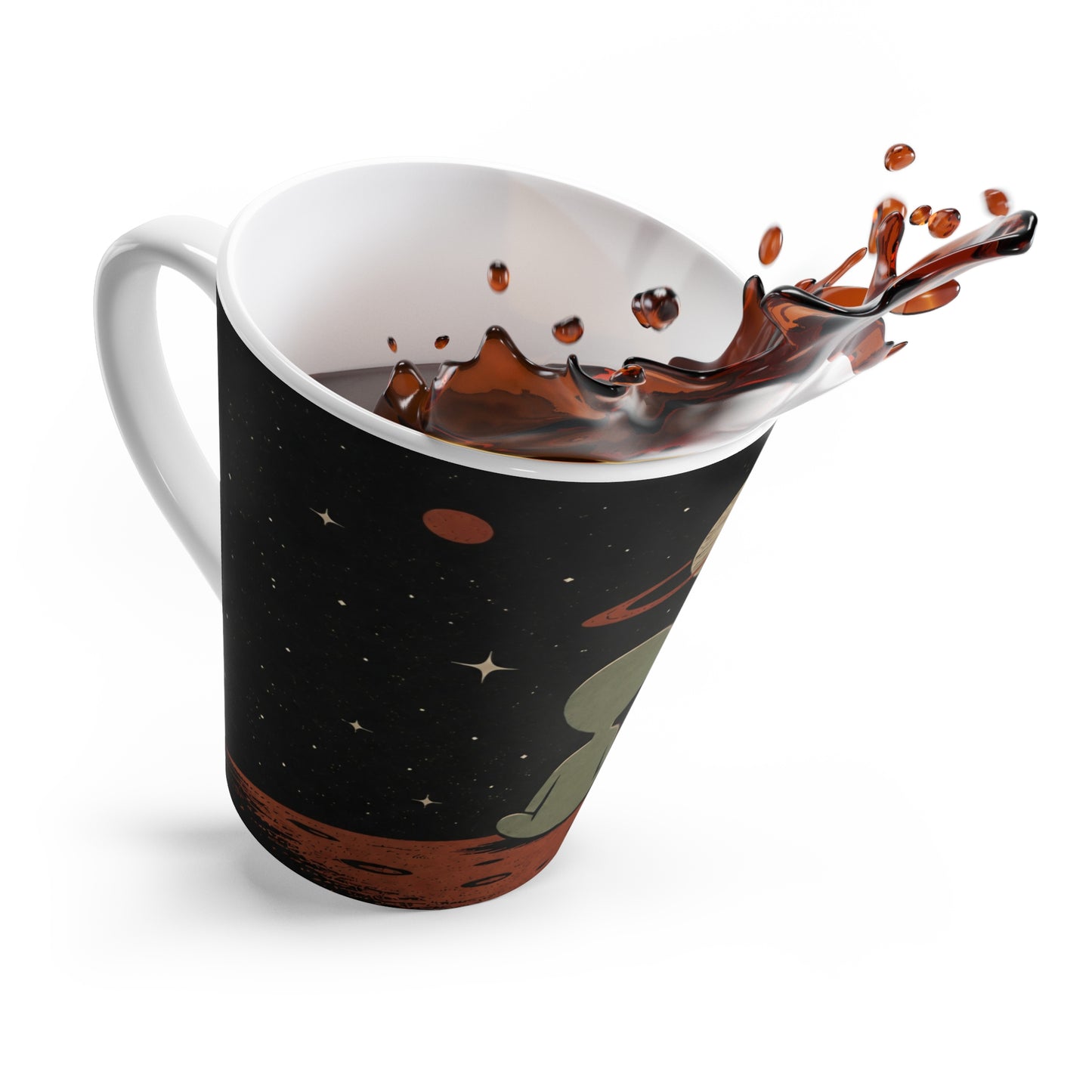 Space Art Mug with Alien & Cat, Cute Cosmic Coffee Cup