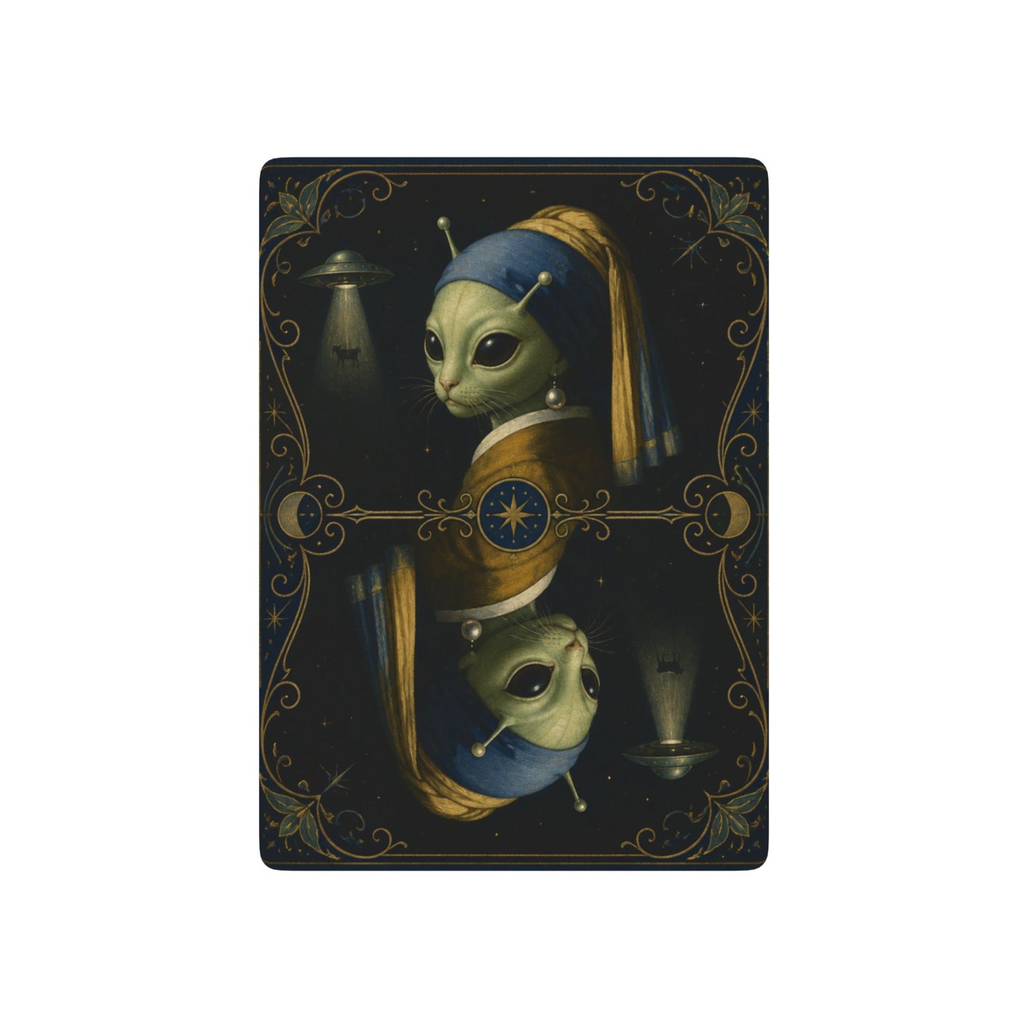 Vermeer Inspired Cosmic Alien and Cat, Poker Playing Cards — Decorative Cat and Alien-Themed Card Deck for Game Nights & Gifts