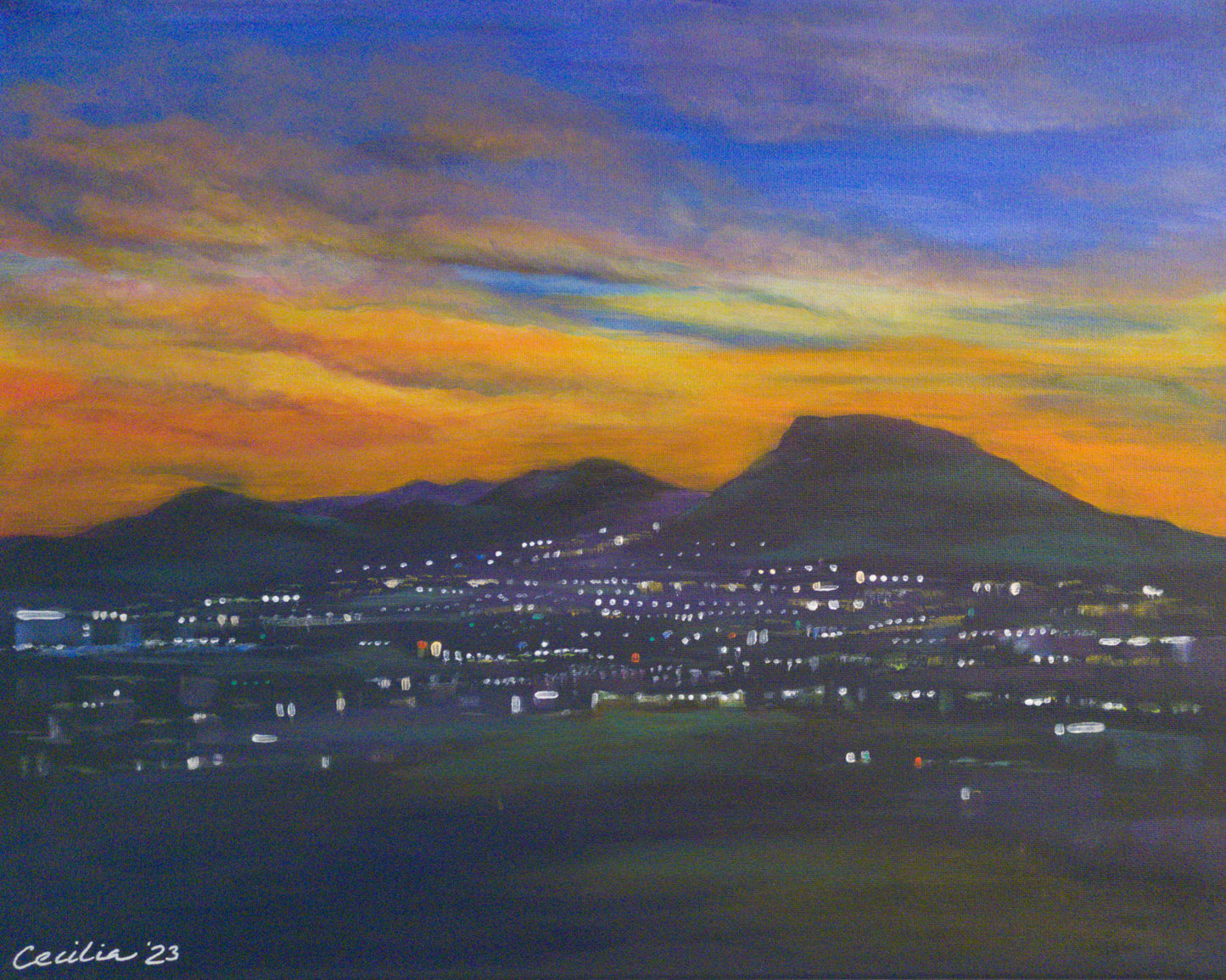 Coming Home: View of town lights at night, 20x16 Original Acrylic on canvas