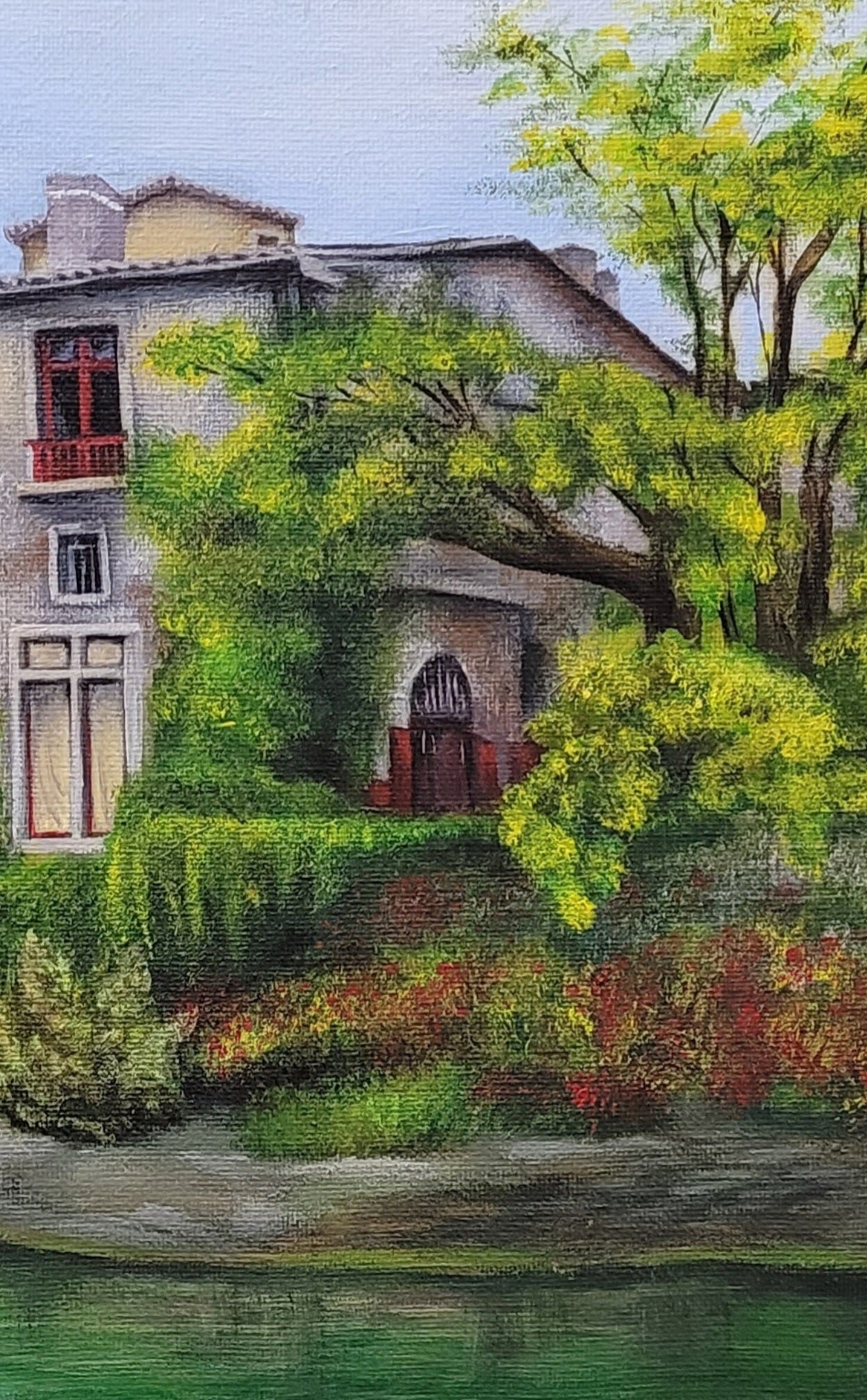 Close up of acrylic painting of building in Italy