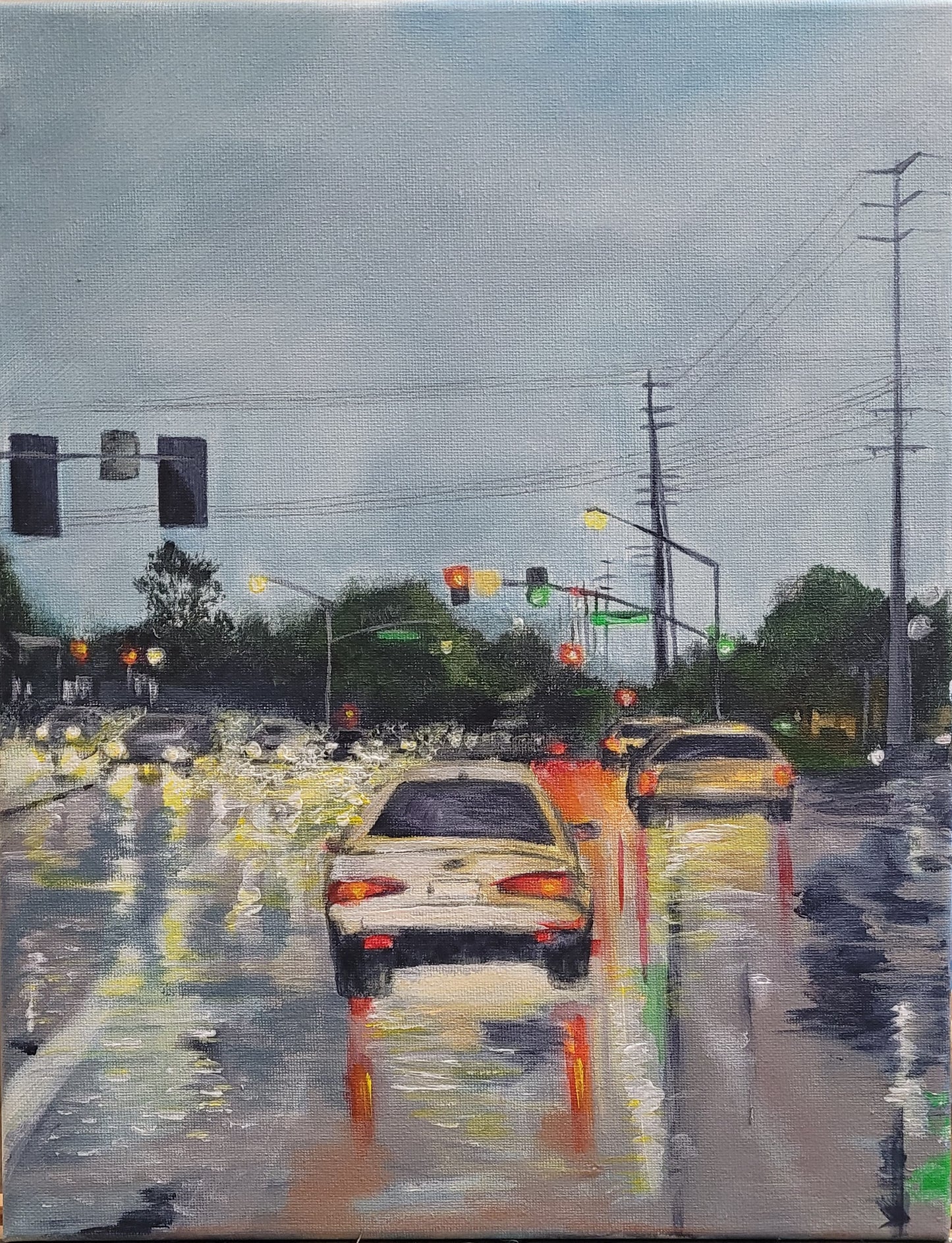 Stop lights in rain, 11x14 Original Acrylic on canvas