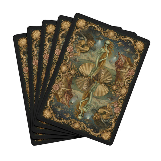 Boticelli Inspired Alien and Cat, Poker Playing Cards — Decorative Cat and Alien-Themed Card Deck for Game Nights & Gifts