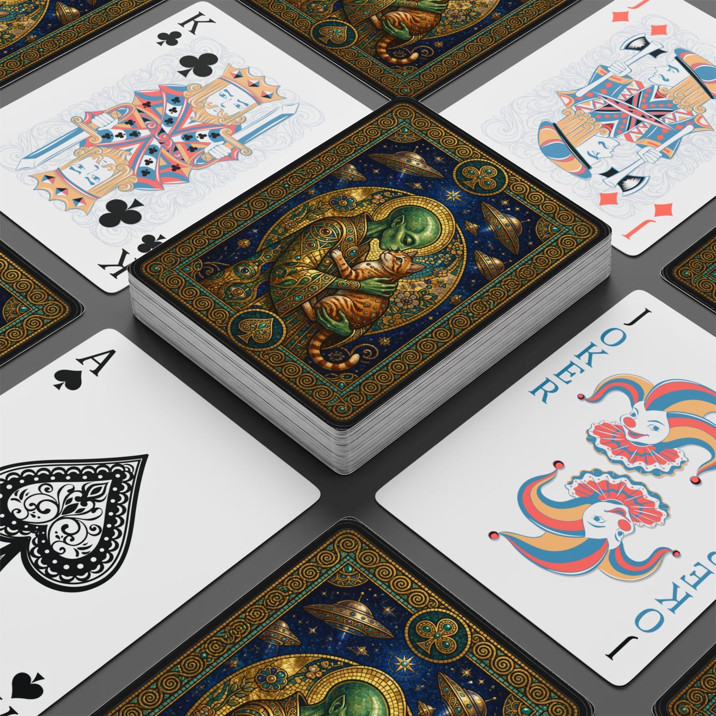 Klimt Inspired Cosmic Alien and Cat, Poker Playing Cards — Decorative Cat and Alien-Themed Card Deck for Game Nights & Gifts