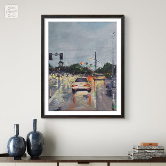 Stop lights in rain, 11x14 Original Acrylic on canvas