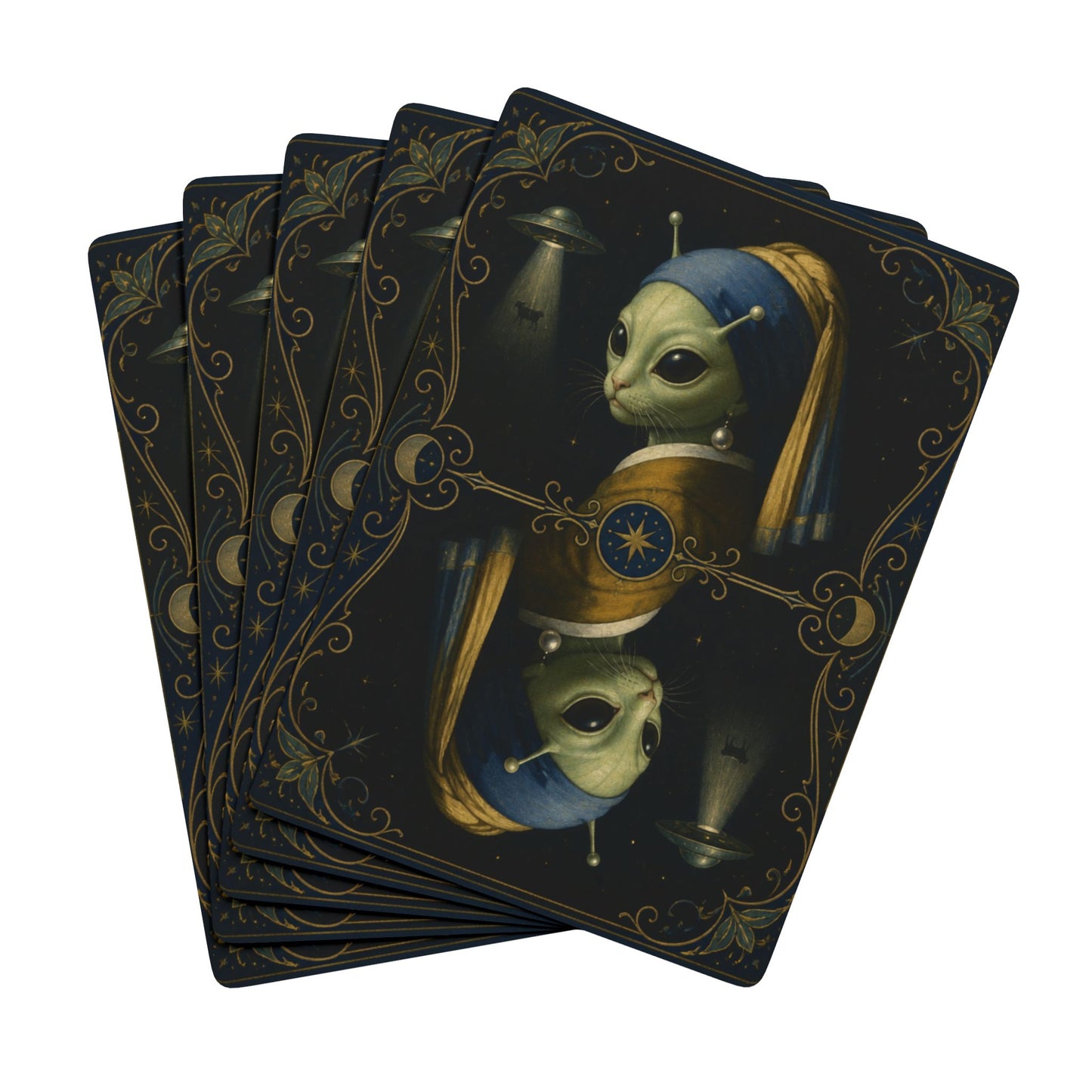Vermeer Inspired Cosmic Alien and Cat, Poker Playing Cards — Decorative Cat and Alien-Themed Card Deck for Game Nights & Gifts