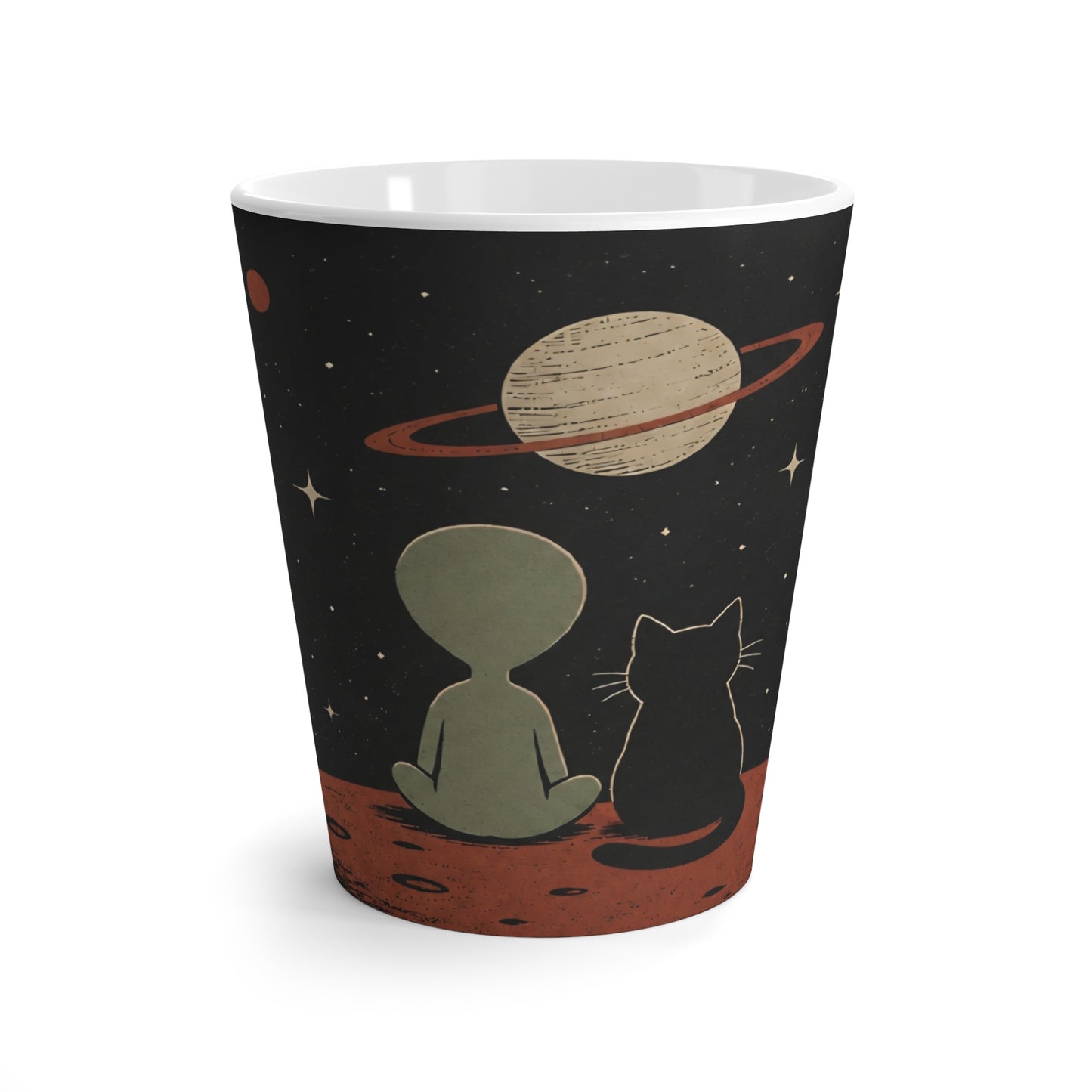 Space Art Mug with Alien & Cat, Cute Cosmic Coffee Cup