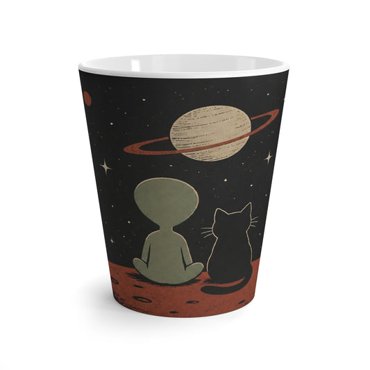 Space Art Mug with Alien & Cat, Cute Cosmic Coffee Cup