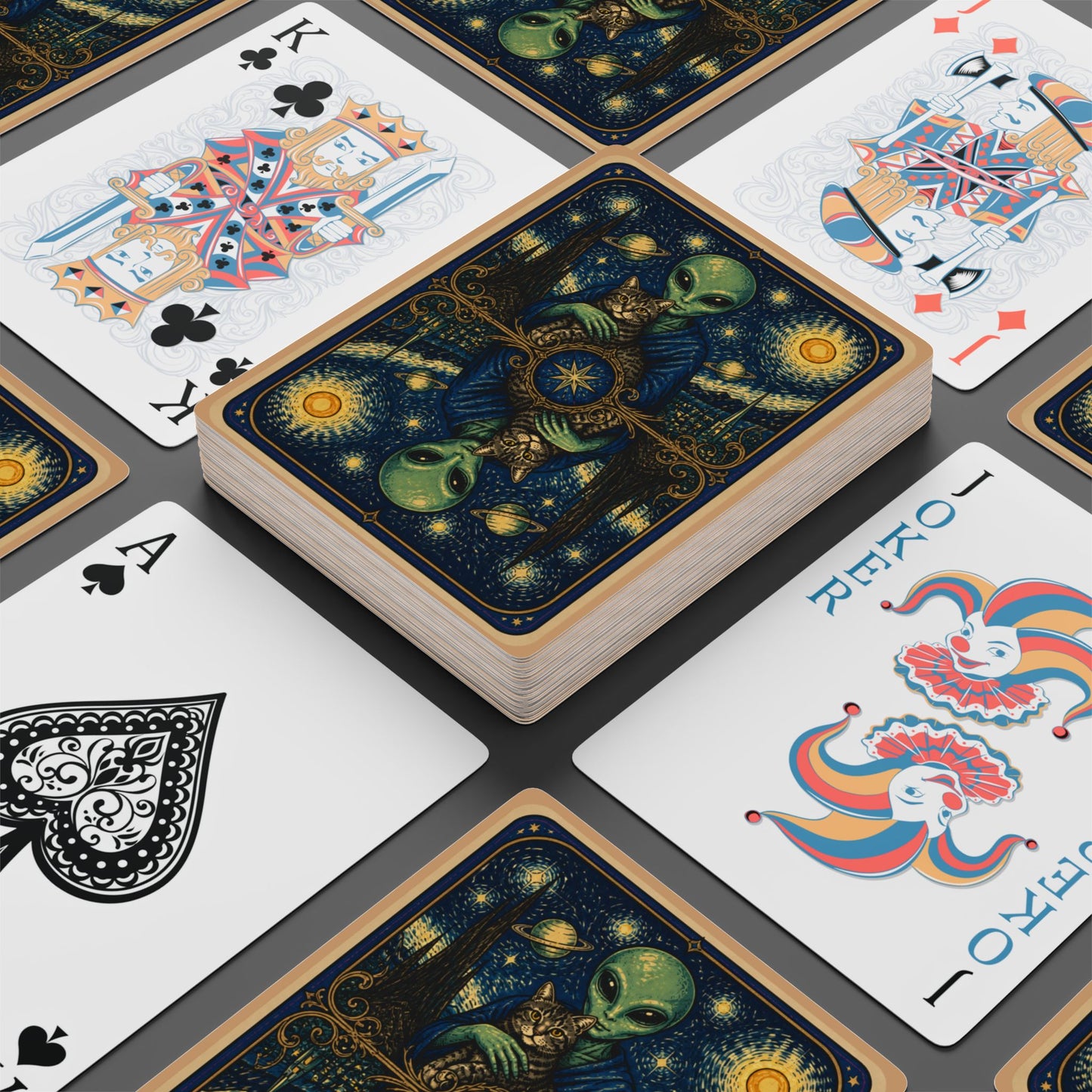 Starry Night Alien and Cat Poker Playing Cards — Decorative Alien and Cat-Themed Card Deck for Game Nights & Gifts