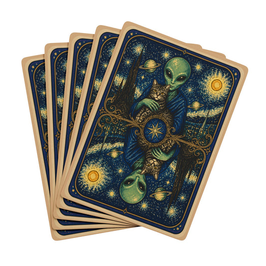 Starry Night Alien and Cat Poker Playing Cards — Decorative Alien and Cat-Themed Card Deck for Game Nights & Gifts