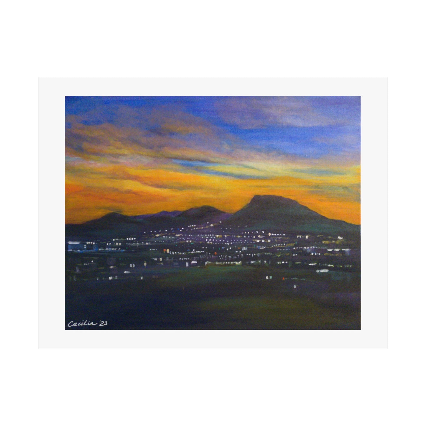 Coming Home: View of town lights at night, Acrylic on canvas, Matte Print