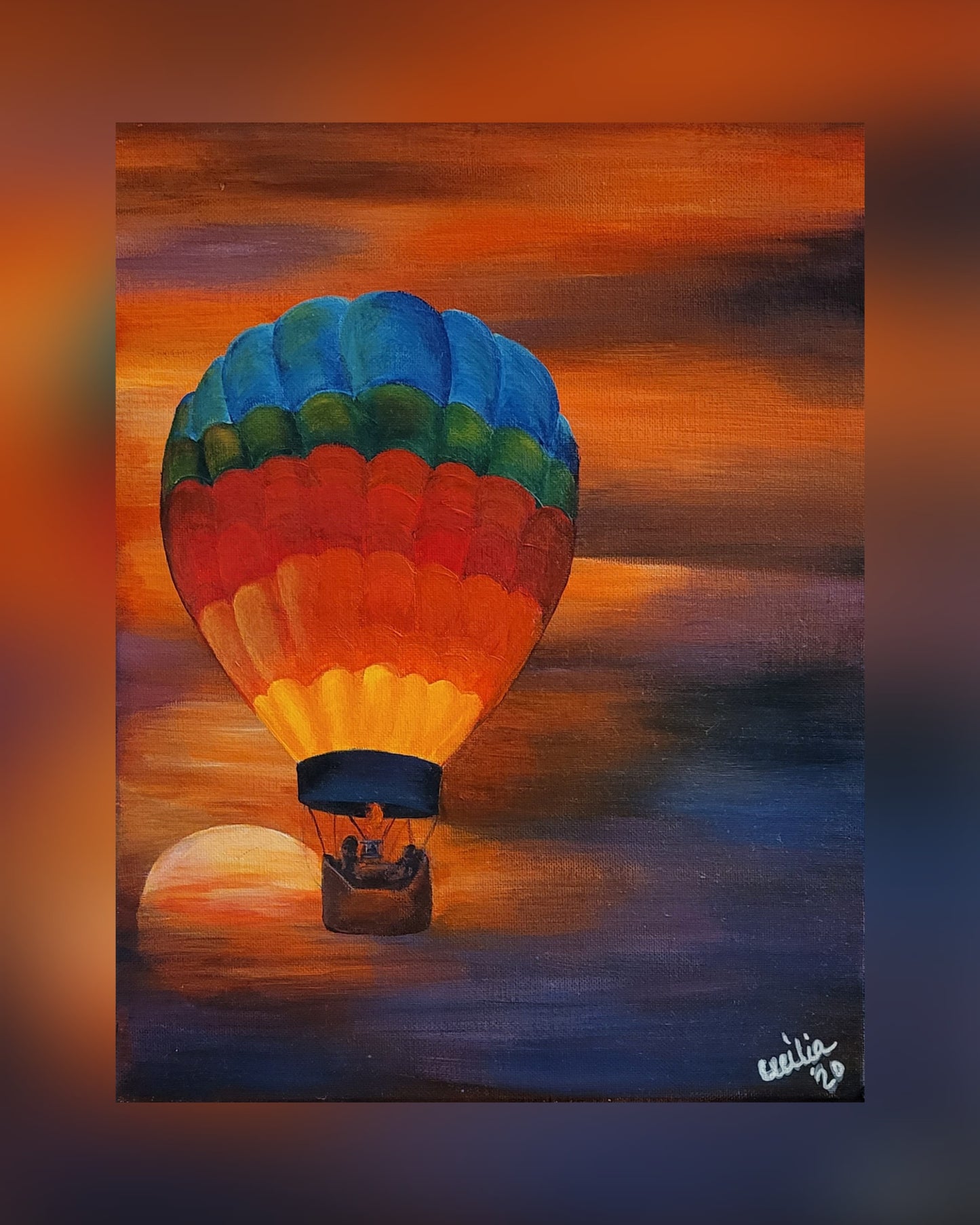 SOLD Hot Air Balloon at Sunset, Original Acrylic on canvas