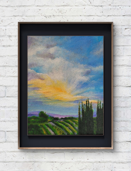 Sunset at the Vineyards, 8.5x11 Original Acrylic on canvas
